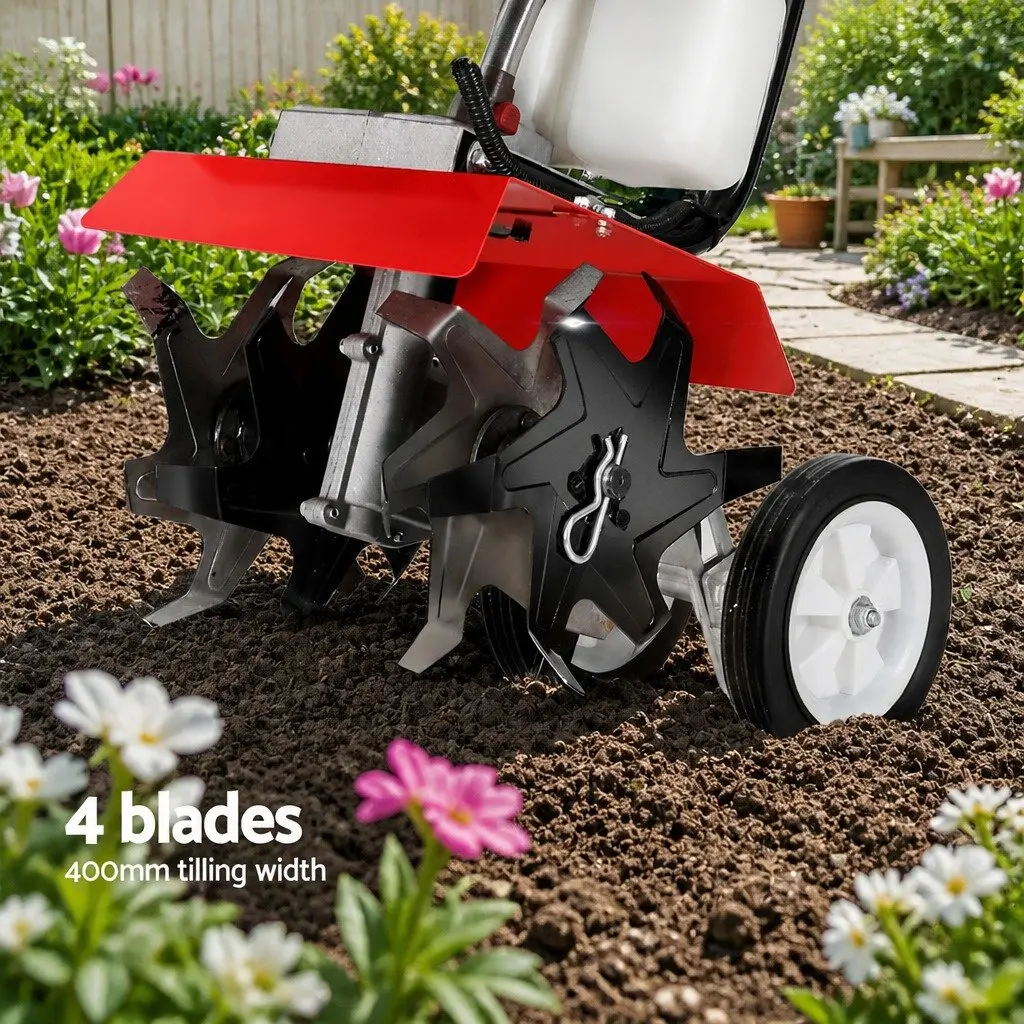 63cc Hand-held Garden Tiller 4 Blades Adjustable Tilling Depth 150mm Working Width 400mm