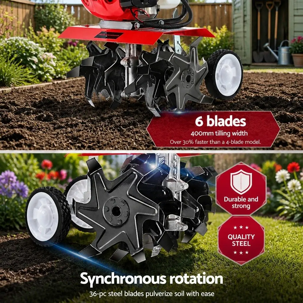 65CC Hand-Held Tiller 6 Blades 400mm Working Width Rotary Hoe