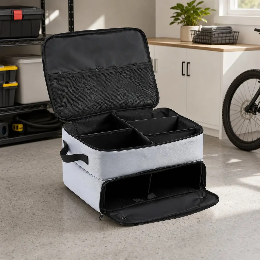 2-Tier Golf Organizer Grey Adjustable Dividers with Ventilated Shoe Compartment for Car Storage