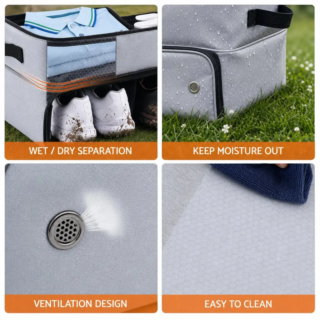 2-Tier Golf Organizer Grey Adjustable Dividers with Ventilated Shoe Compartment for Car Storage