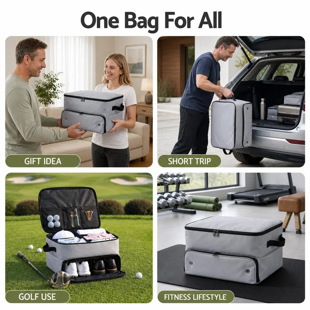2-Tier Golf Organizer Grey Adjustable Dividers with Ventilated Shoe Compartment for Car Storage
