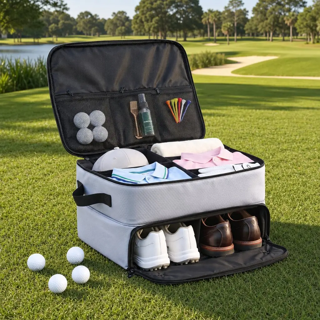 2-Tier Golf Organizer Grey Adjustable Dividers with Ventilated Shoe Compartment for Car Storage