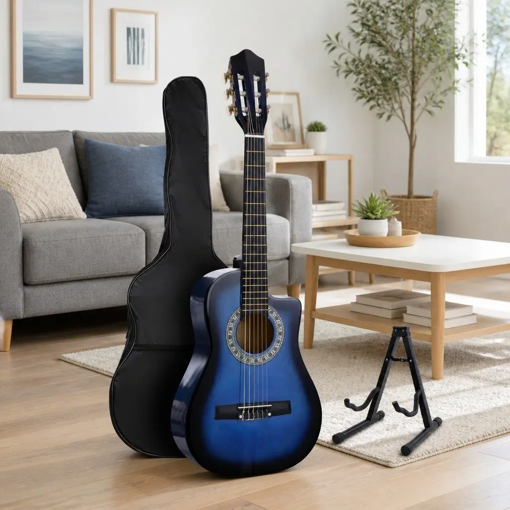 34 Inch Beginner Classical Guitar Wooden Body Blue Nylon String with Stand Picks