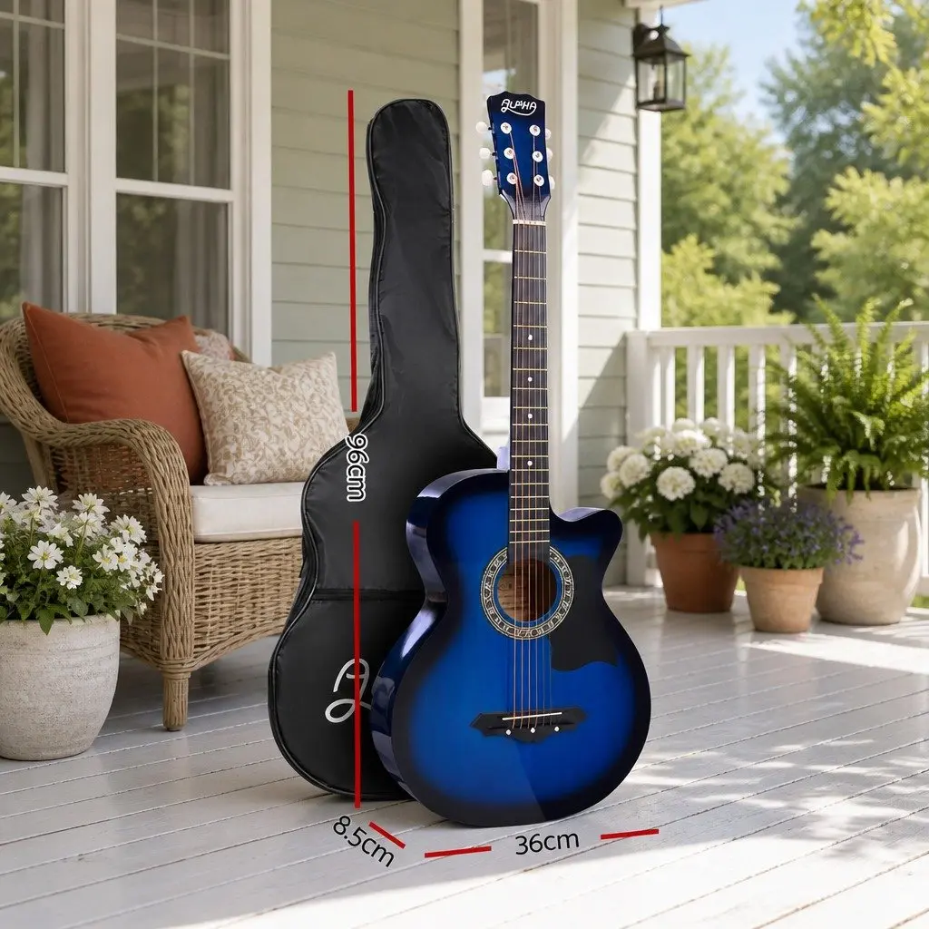 38 Inch Acoustic Cutaway Guitar Steel String Blue Wooden Body