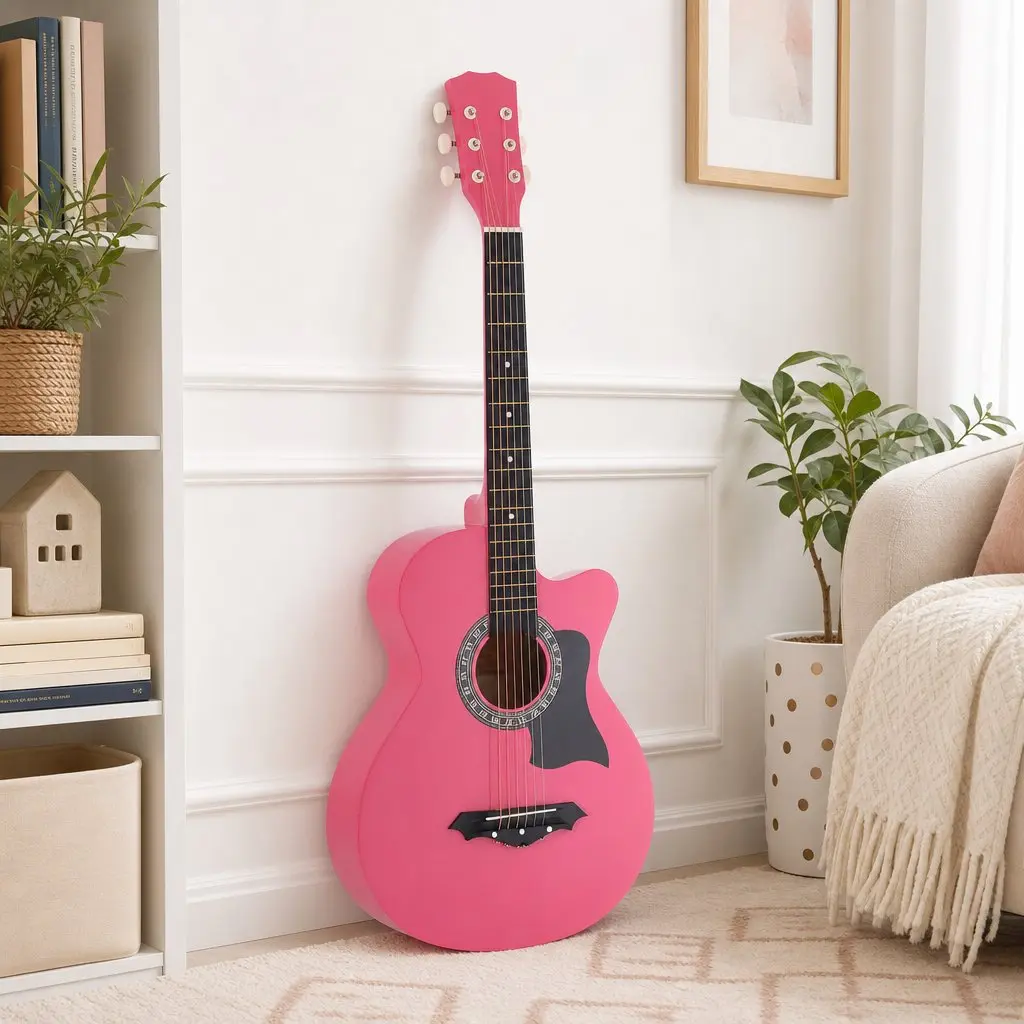 38 Inch Acoustic Guitar Cutaway Right Handed Steel String Pink