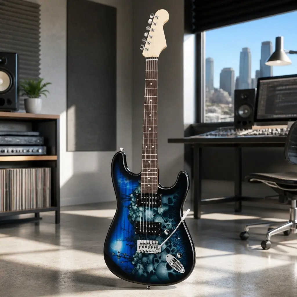 Electric Guitar 41 Inch Full Size Strat-Style Two Humbucker Pickups Blue Skull