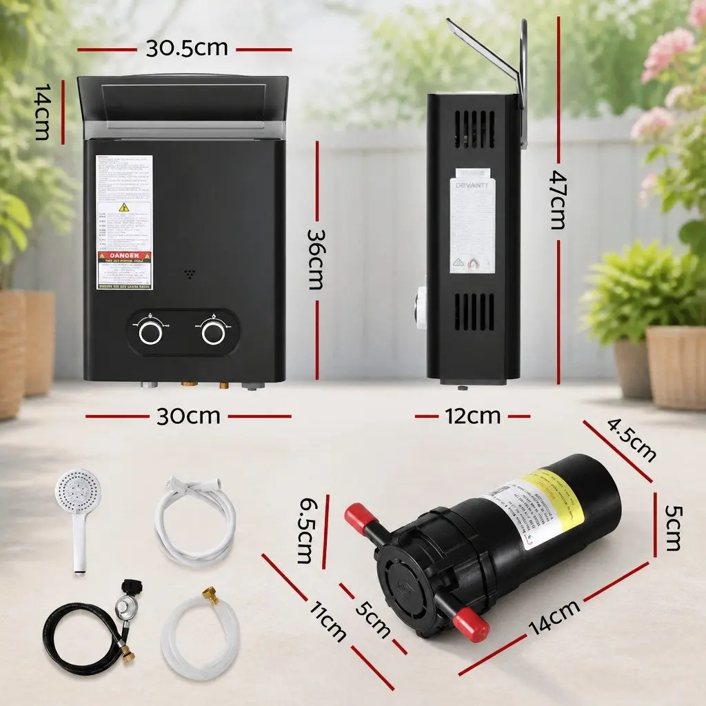 Portable Gas Water Heater 30.5 x 12 x 47 cm LPG System Outdoor Camping Shower with LED Display and Adjustable Temperature Control