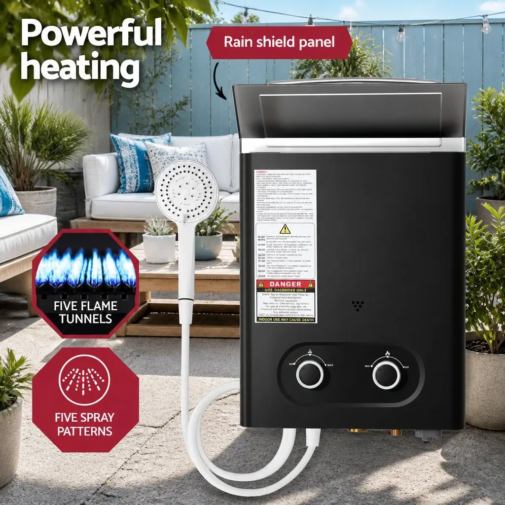 Portable Gas Water Heater 30.5 x 12 x 47 cm LPG System Outdoor Camping Shower with LED Display and Adjustable Temperature Control