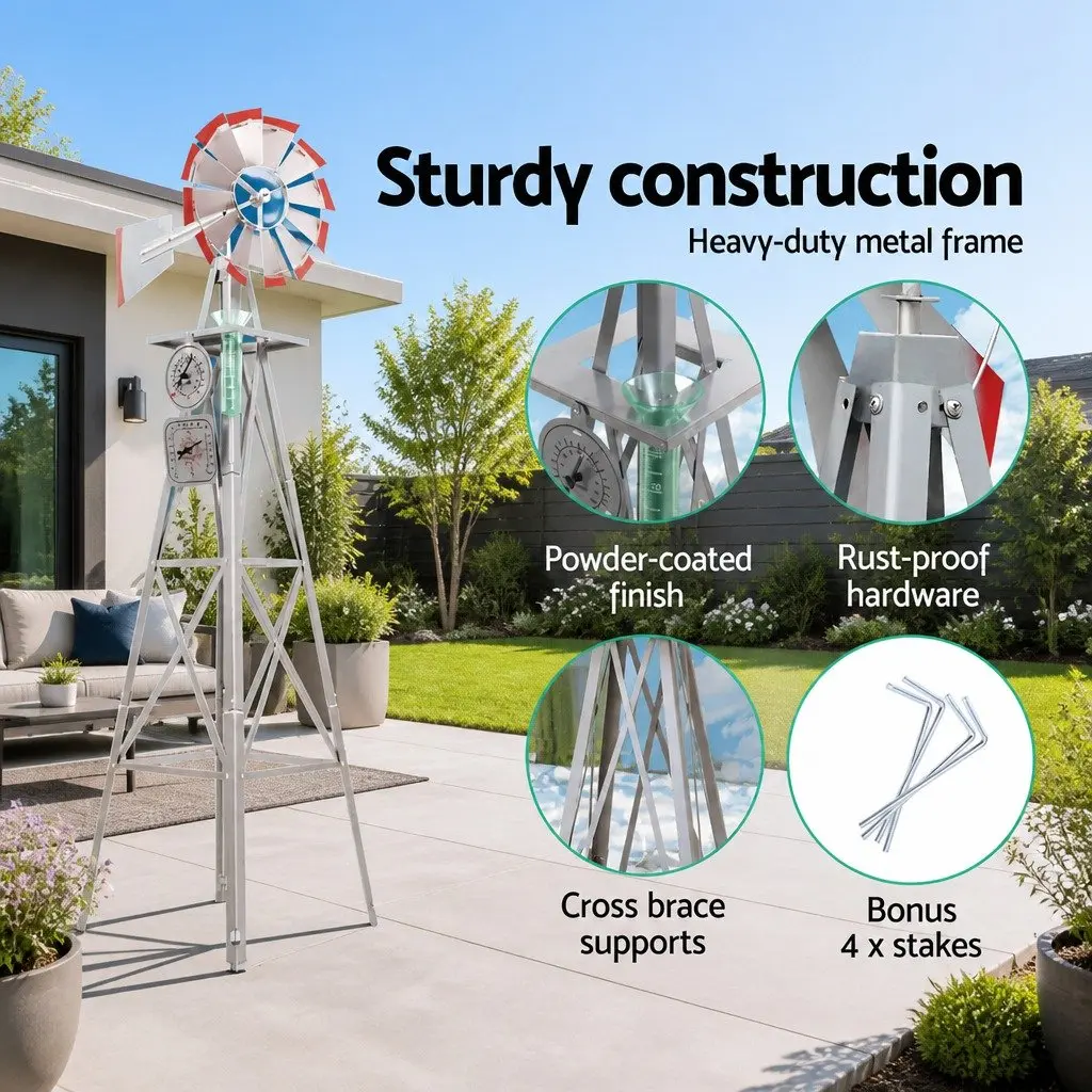 Garden Windmill 4FT 146cm Metal Outdoor Decor Ornament Weathervane 12 Blades