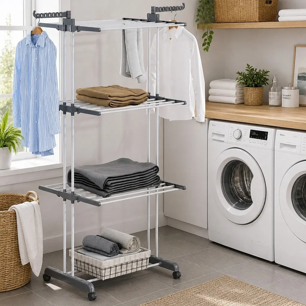 Clothes Drying Rack 173cm Foldable 3-Tier with Lockable Wheels