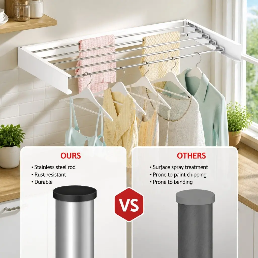 Wall Mounted Clothes Drying Rack 5 Rods Foldable Space Saving Laundry