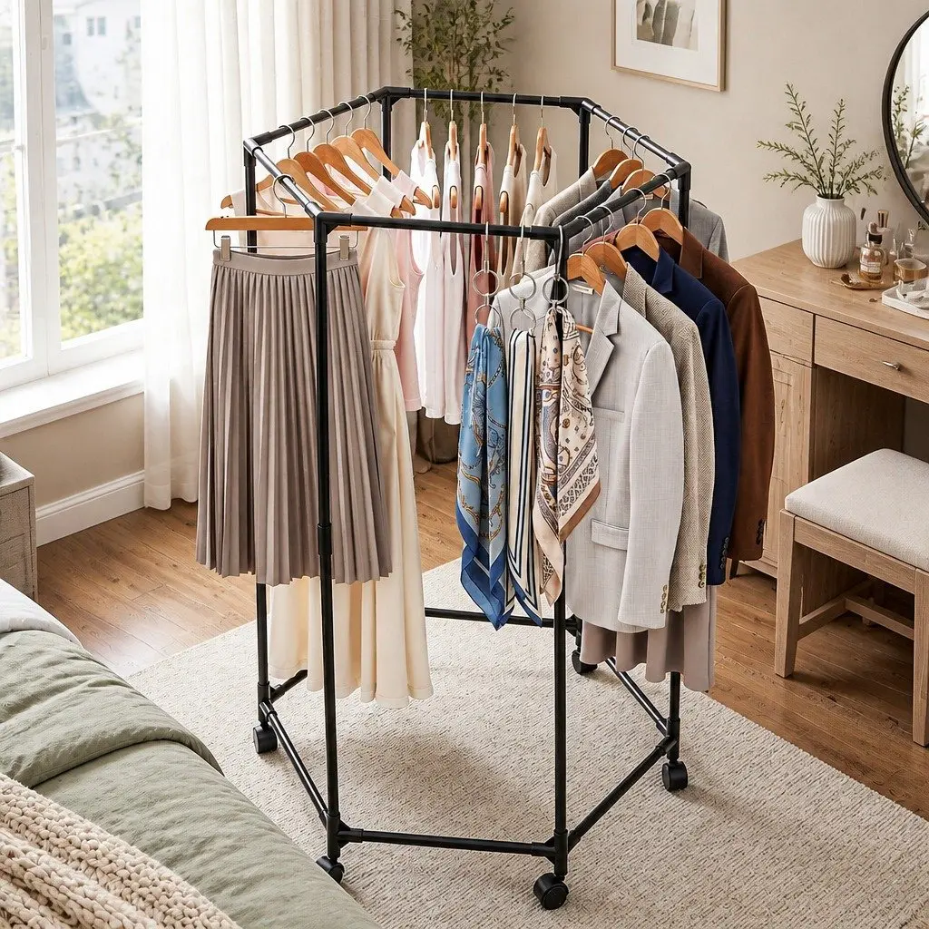 Clothes Rack 6 Hanging Rods Metal Tube Construction Swivel Casters
