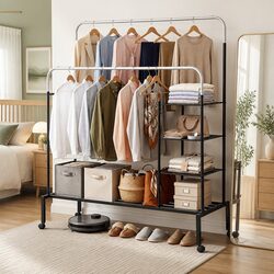 Double Rod Clothes Rack Coat Stand Hanger Airer Storage Shelf 4-in-1 Organizer