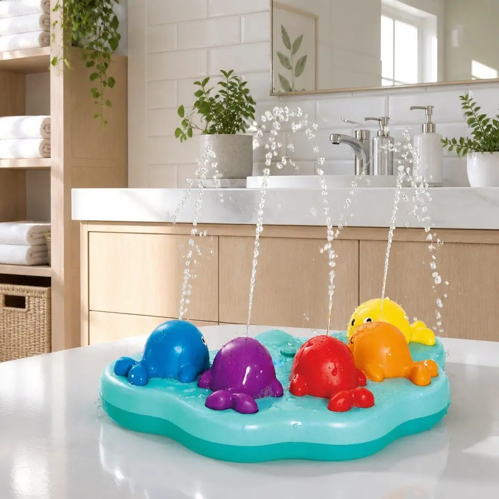 Musical Whale Fountain Bath Toy 5 Piece Sensory Learning Water Spray Play Set