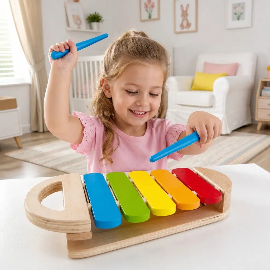 Xylophone Musical Instrument Wooden Rainbow Colors Early Music Play Toy