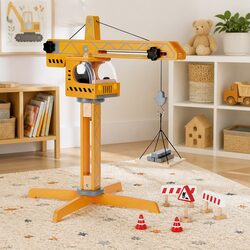 Crane Lift Construction Playset 10pc Wooden Building Toy Winch Rotating Arm