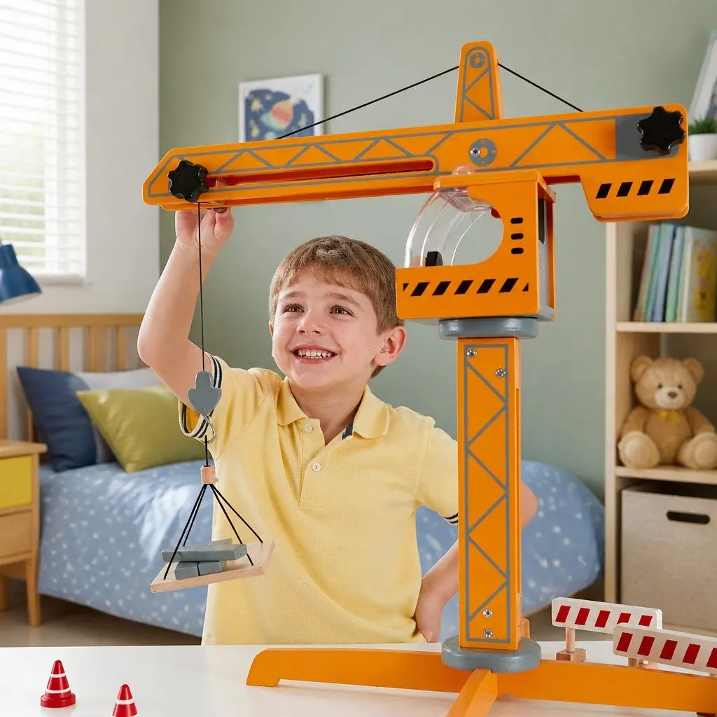 Crane Lift Playset 10 Piece Wooden Building Toy Working Winch Rotating Arm