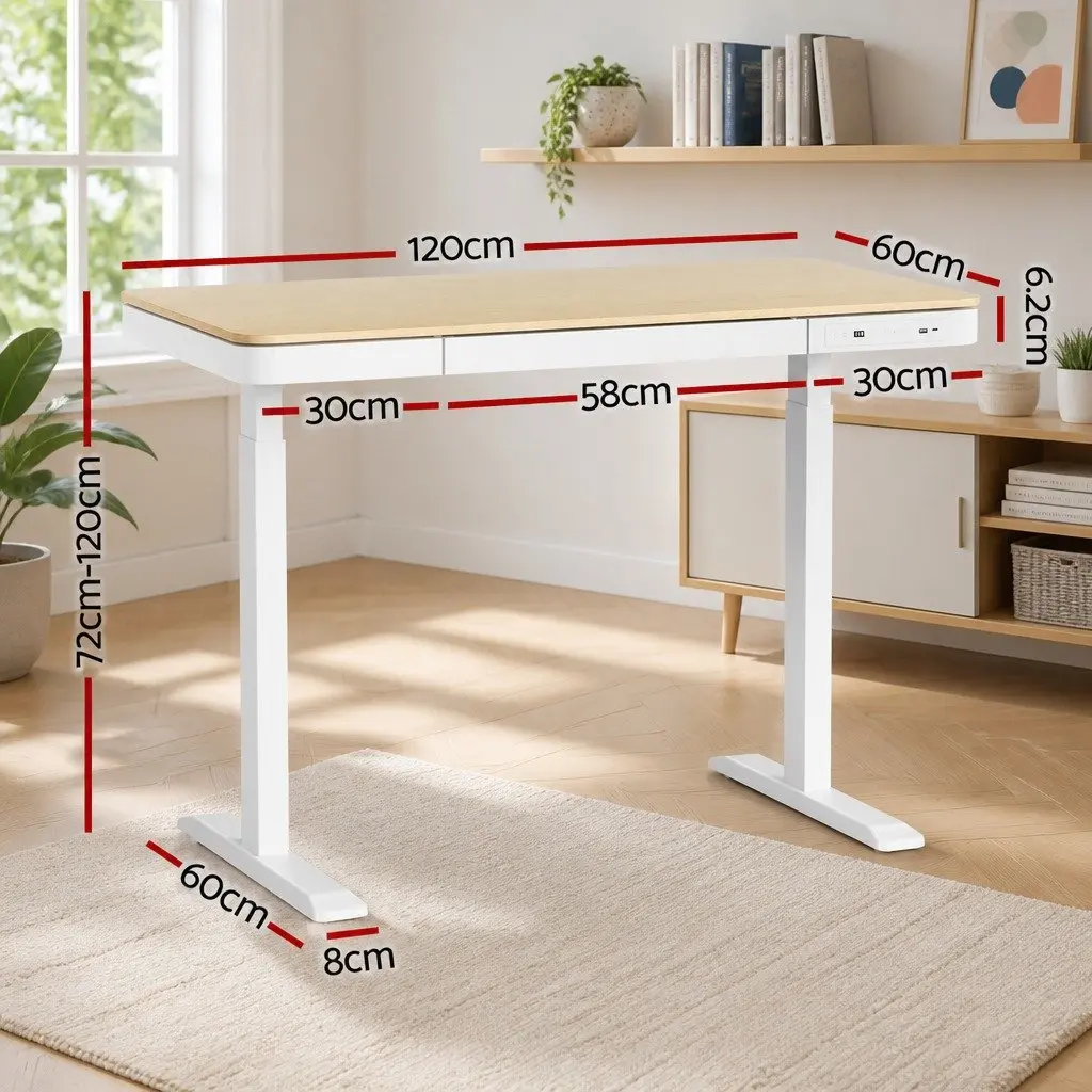 Electric Sit Stand Desk 120cm Motorised Height Adjustable Walnut with USB Charging Ports and Storage Drawer
