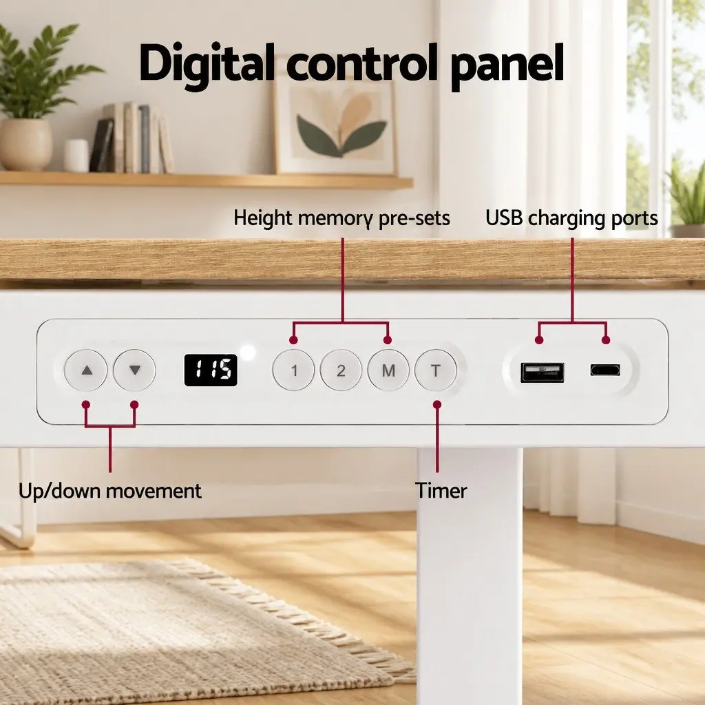 Electric Sit Stand Desk 120cm Motorised Height Adjustable Walnut with USB Charging Ports and Storage Drawer