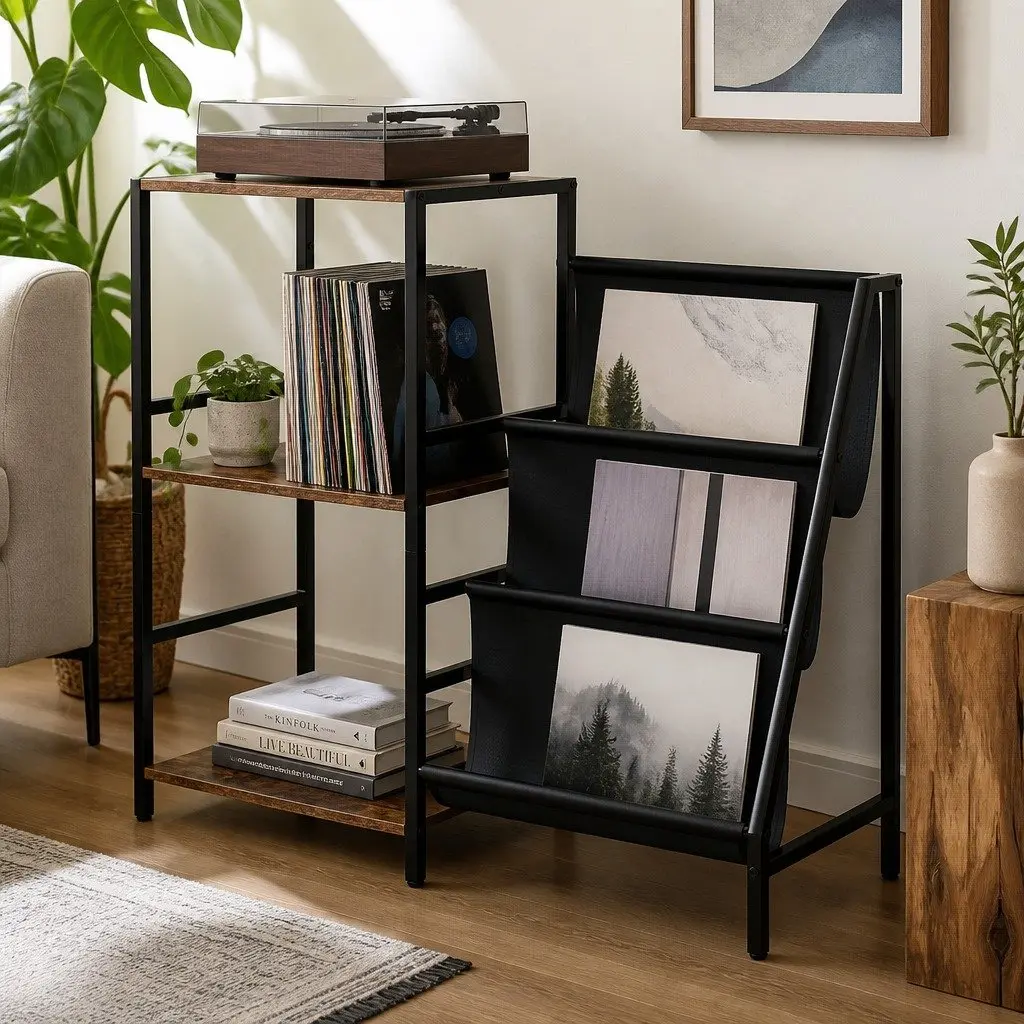 3-Tier Record Player Stand Vinyl Storage Cabinet Turntable Display Shelf Rustic Brown and Black Steel Frame