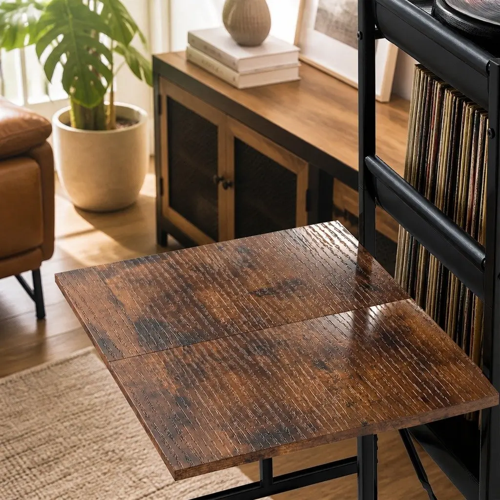Tall Record Player Stand Vinyl Storage Rack Holds 200 Albums Turntable with Adjustable Feet and 3 Fabric Pockets for Living Room or Home Office