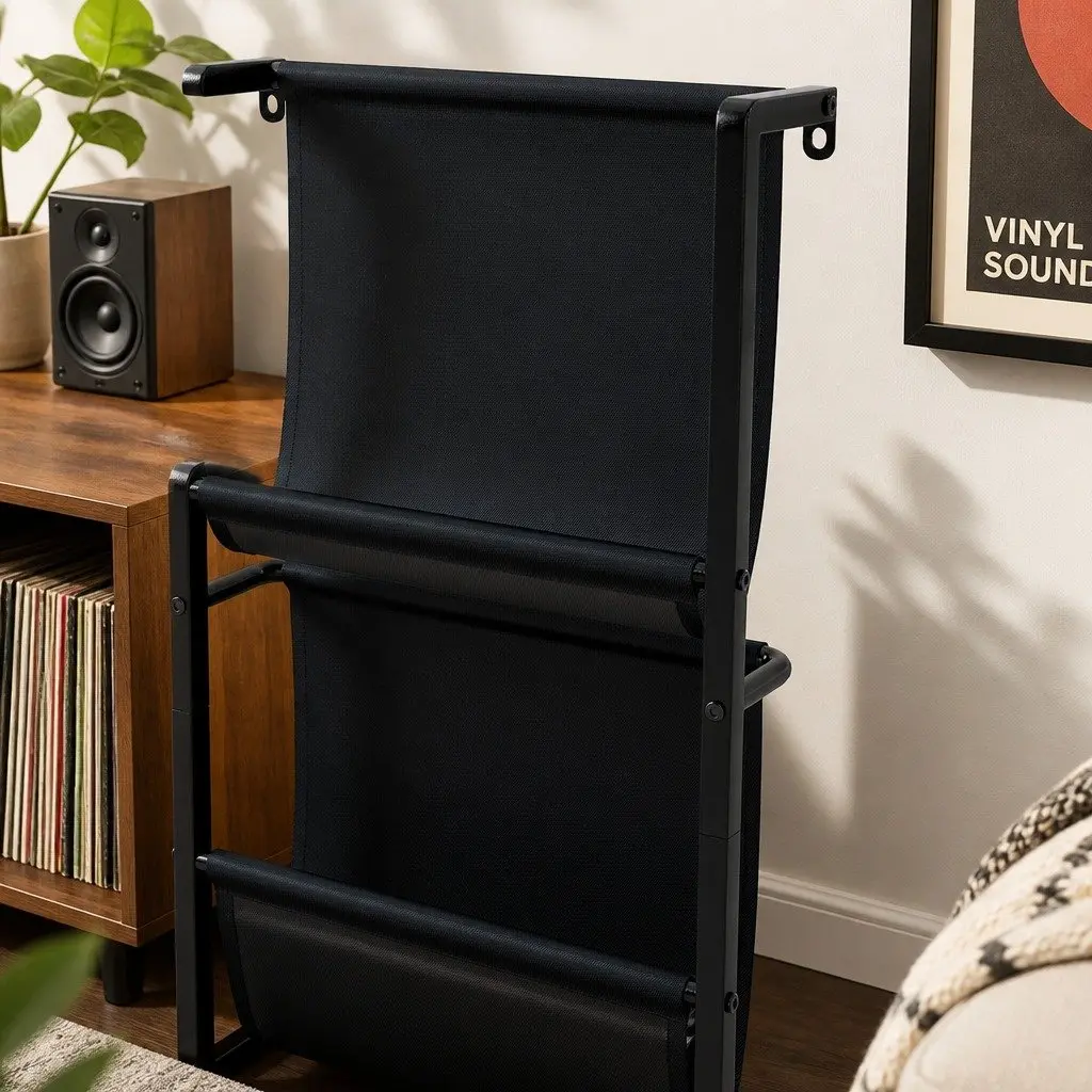 Tall Record Player Stand Vinyl Storage Rack Holds 200 Albums Turntable with Adjustable Feet and 3 Fabric Pockets for Living Room or Home Office
