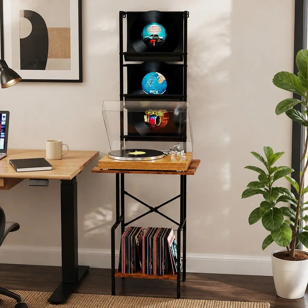 Tall Record Player Stand Vinyl Storage Rack Holds 200 Albums Turntable with Adjustable Feet and 3 Fabric Pockets for Living Room or Home Office