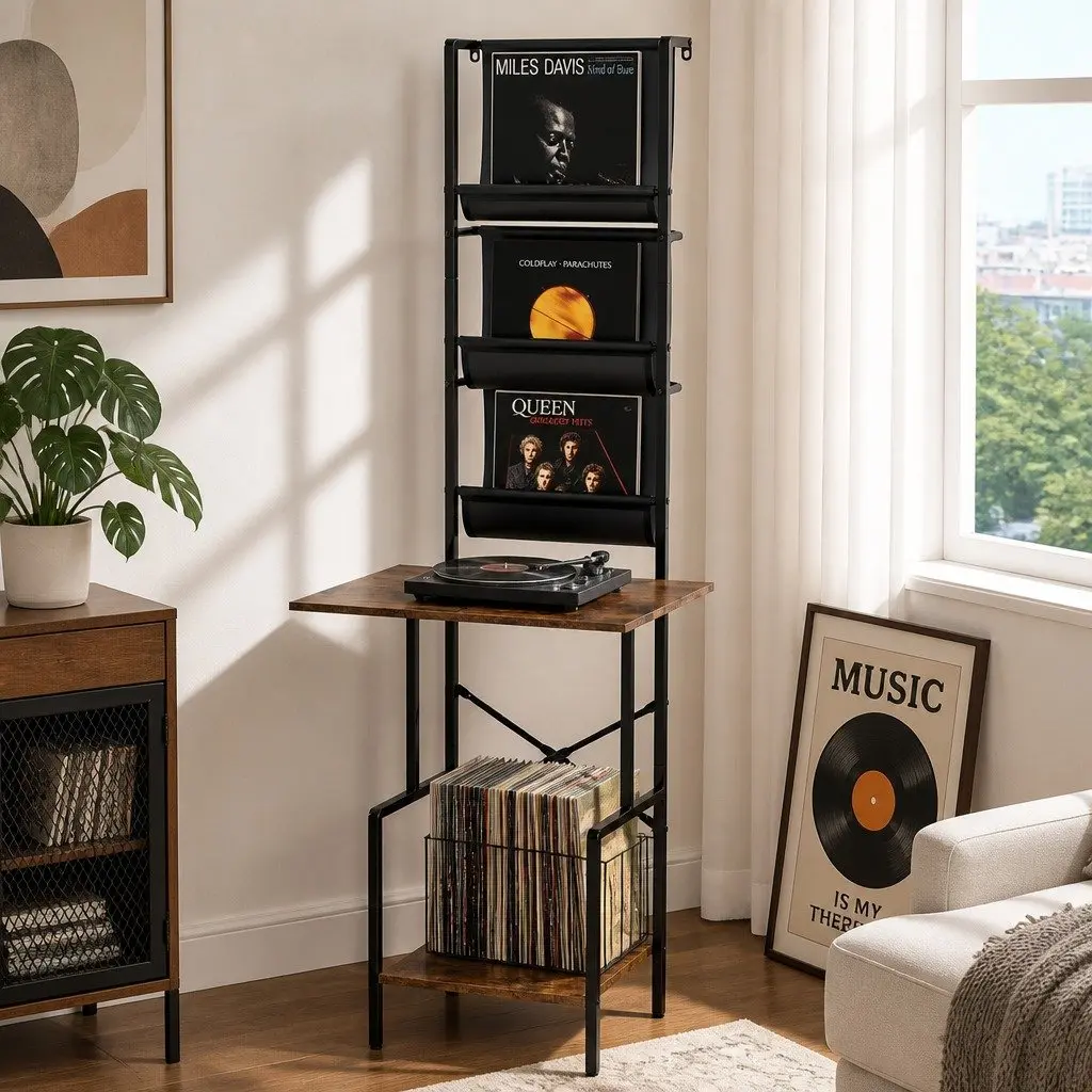 Tall Record Player Stand Vinyl Storage Rack Holds 200 Albums Turntable with Adjustable Feet and 3 Fabric Pockets for Living Room or Home Office