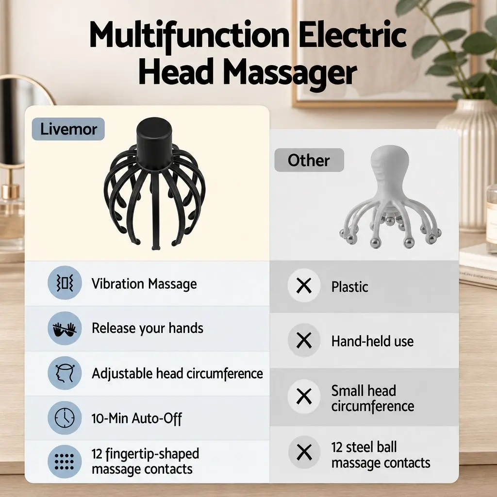 Head Massager Cordless Hands-Free Scalp Electric Vibration 360 Degree Portable