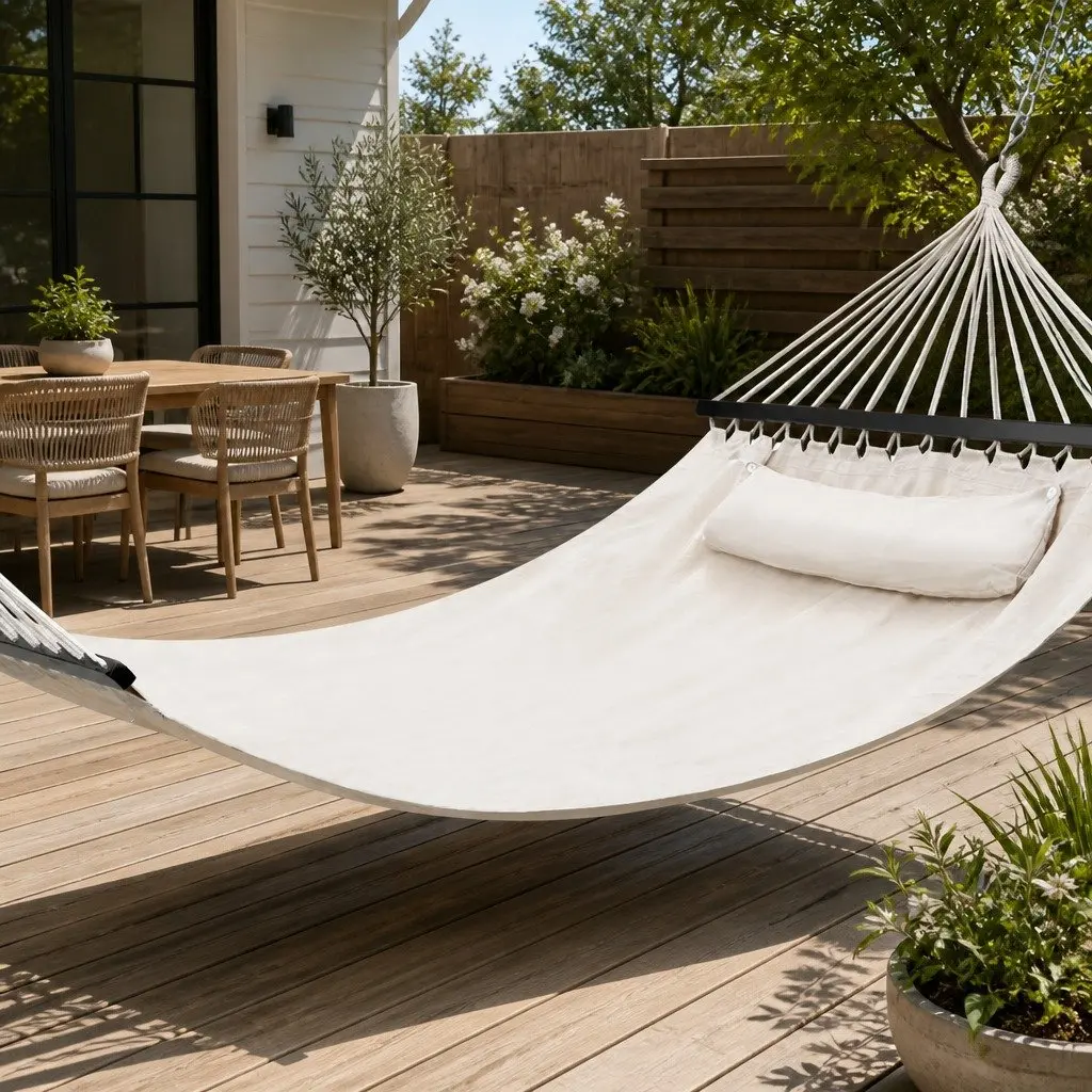 2 Person Hammock Bed Cream Durable Polyester Cotton Blend with Detachable Pillow