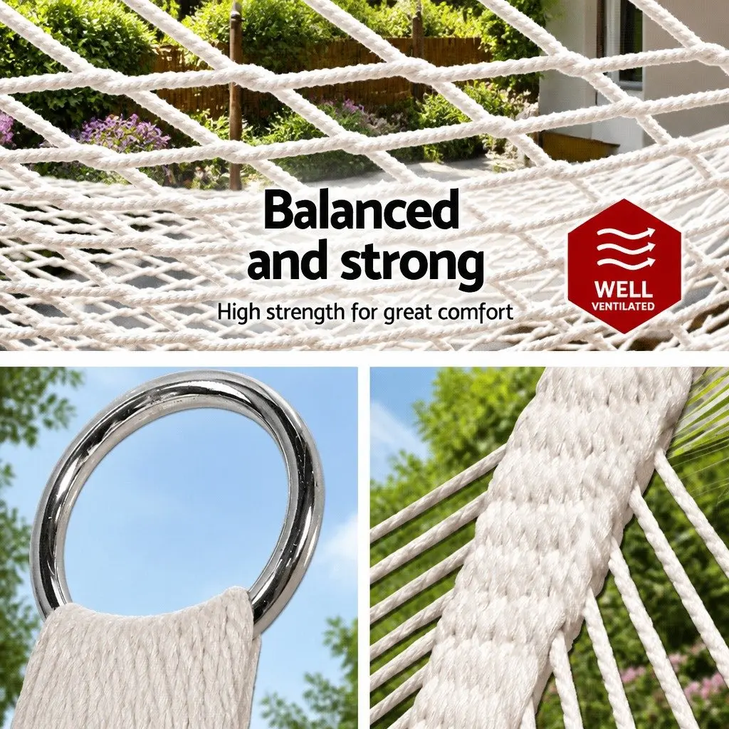 2 Person Hammock Cotton Rope Mesh Cream Lightweight Indoor Outdoor Use