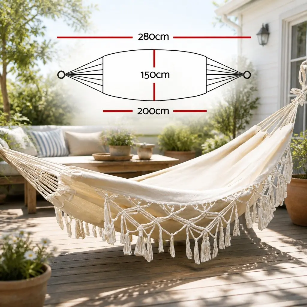 Hammock Bed 200cm x 150cm Handcrafted Tassels Indoor Outdoor Cream