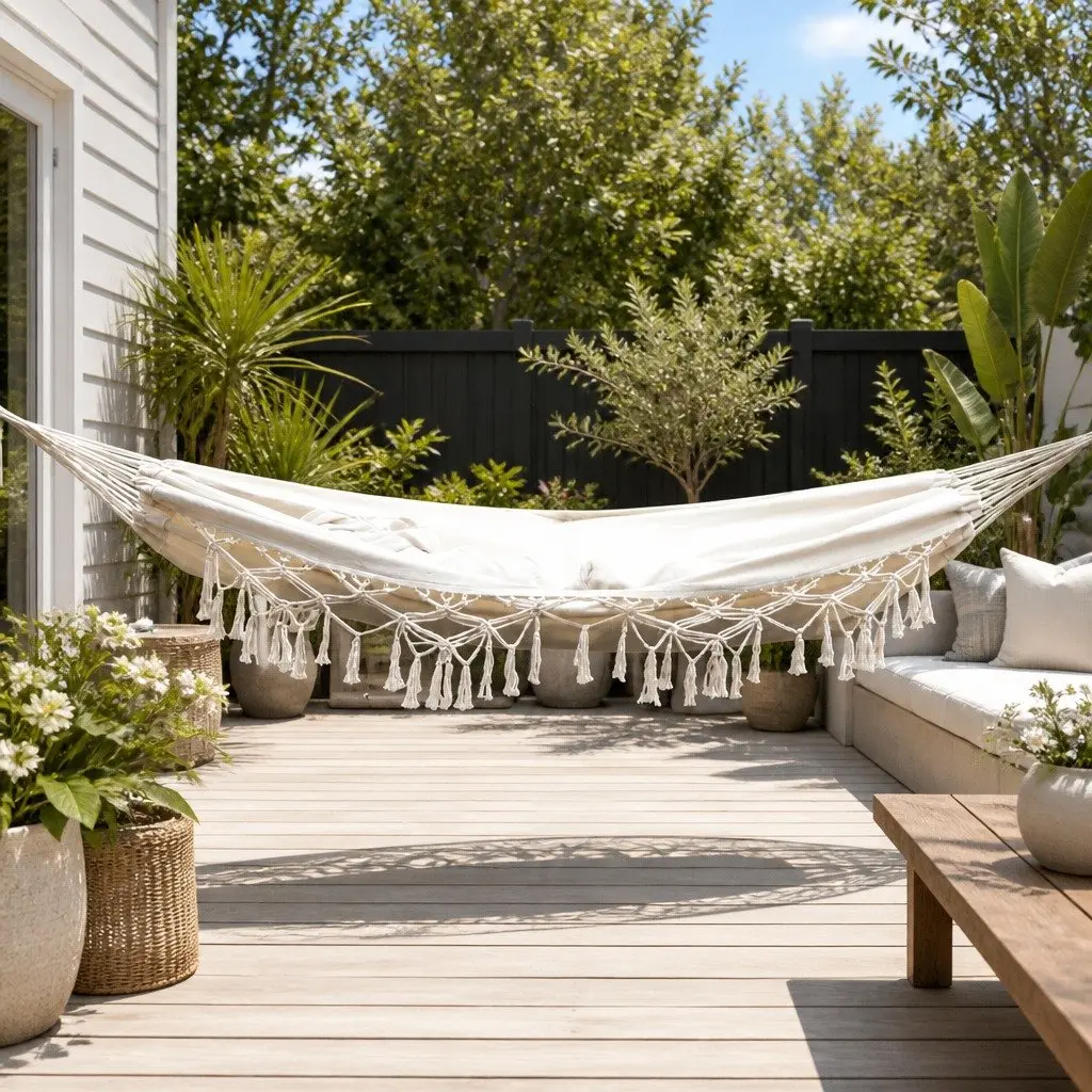 Hammock Bed 200cm x 150cm Handcrafted Tassels Indoor Outdoor Cream