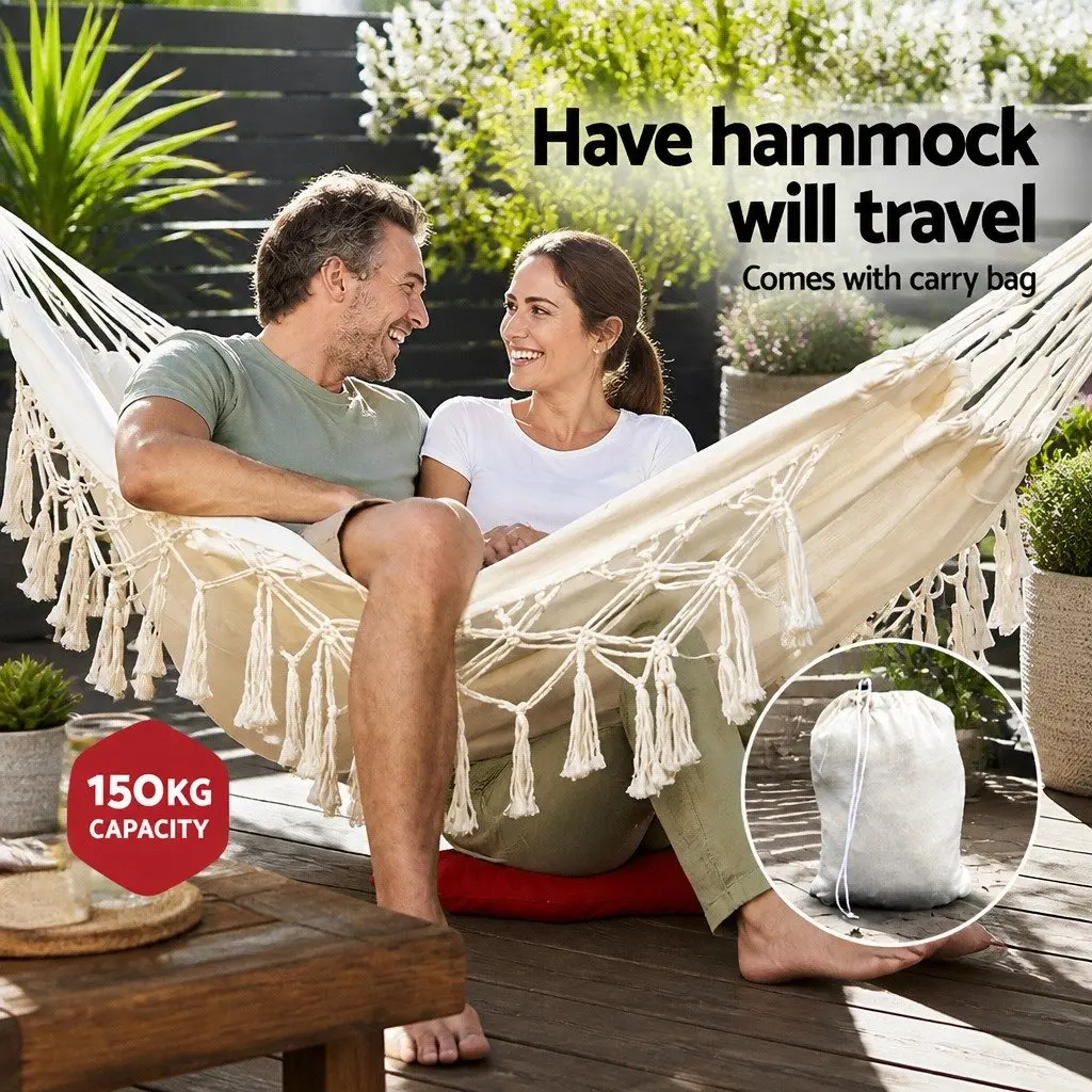 Hammock Bed 200cm x 150cm Handcrafted Tassels Indoor Outdoor Cream