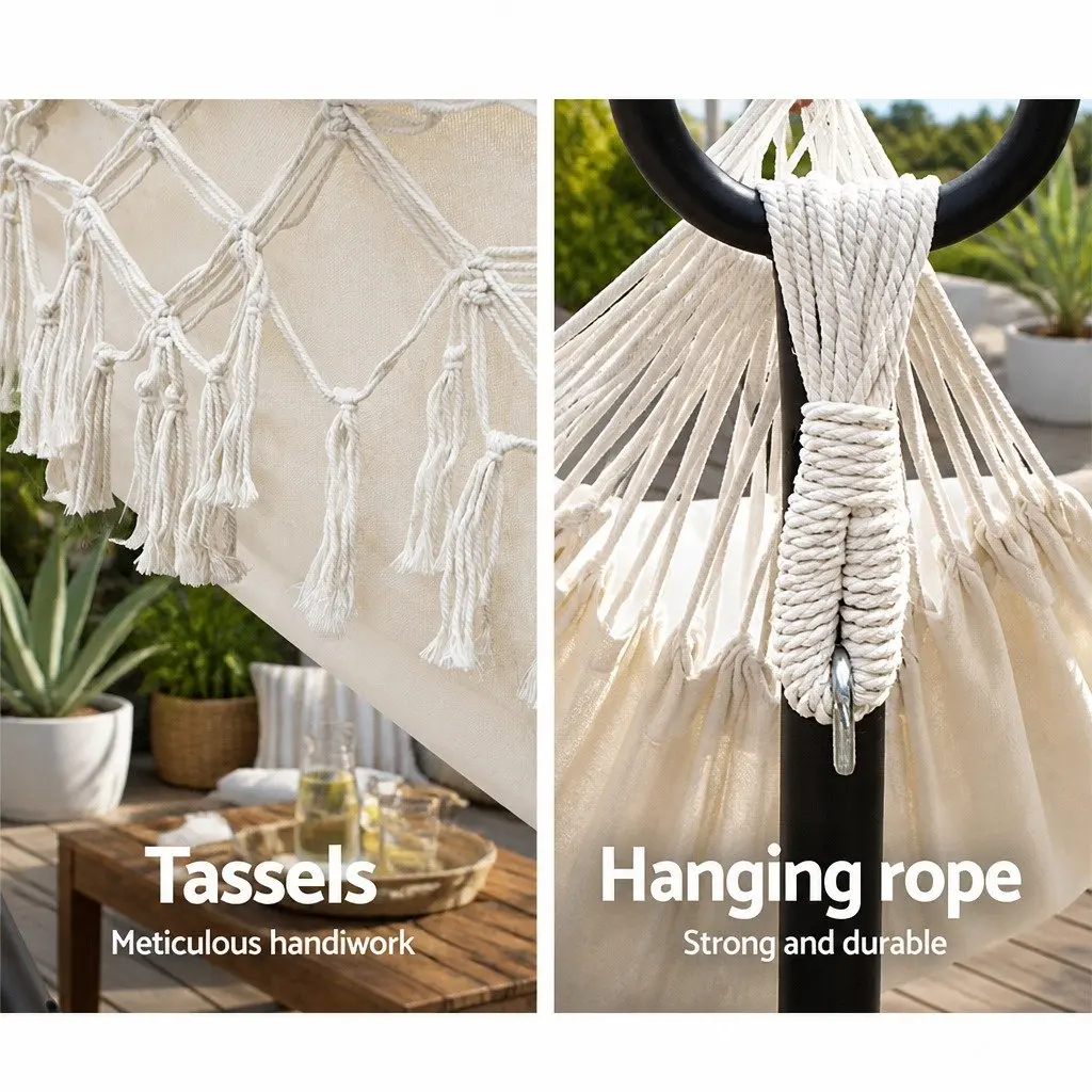 Hammock Bed 200cm x 150cm Handcrafted Tassels Indoor Outdoor Cream