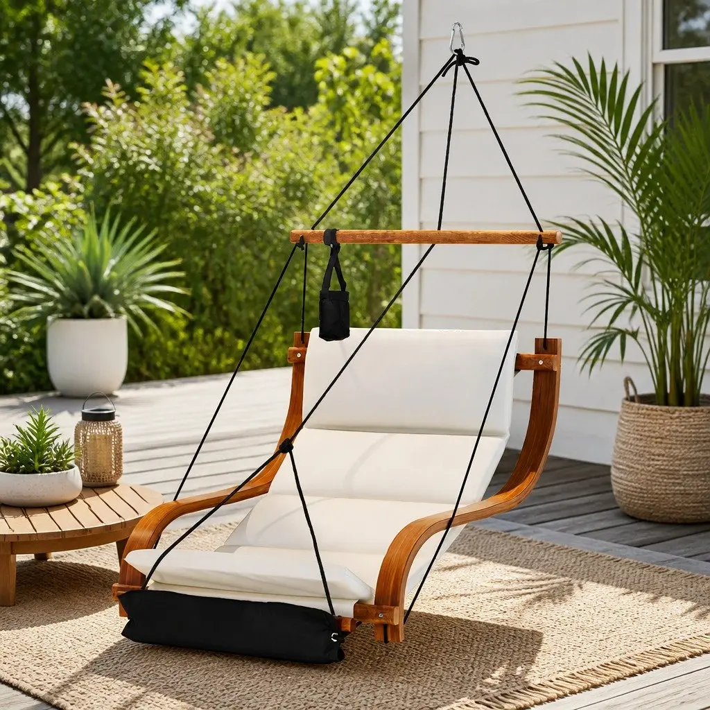 Hammock Chair Indoor Outdoor Wooden Lounge with Cushioned Seat and Footrest
