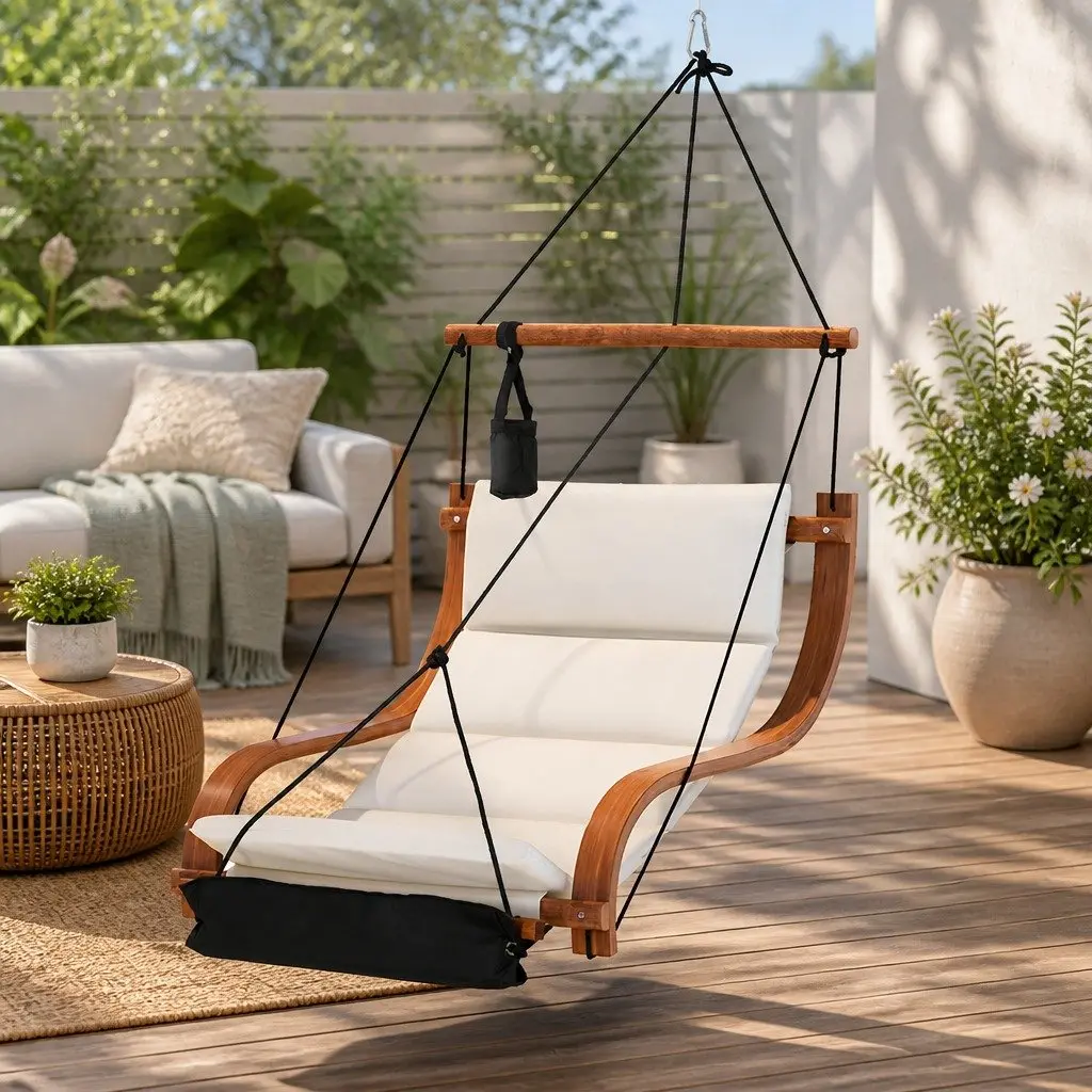 Hammock Chair Indoor Outdoor Wooden Lounge with Cushioned Seat and Footrest