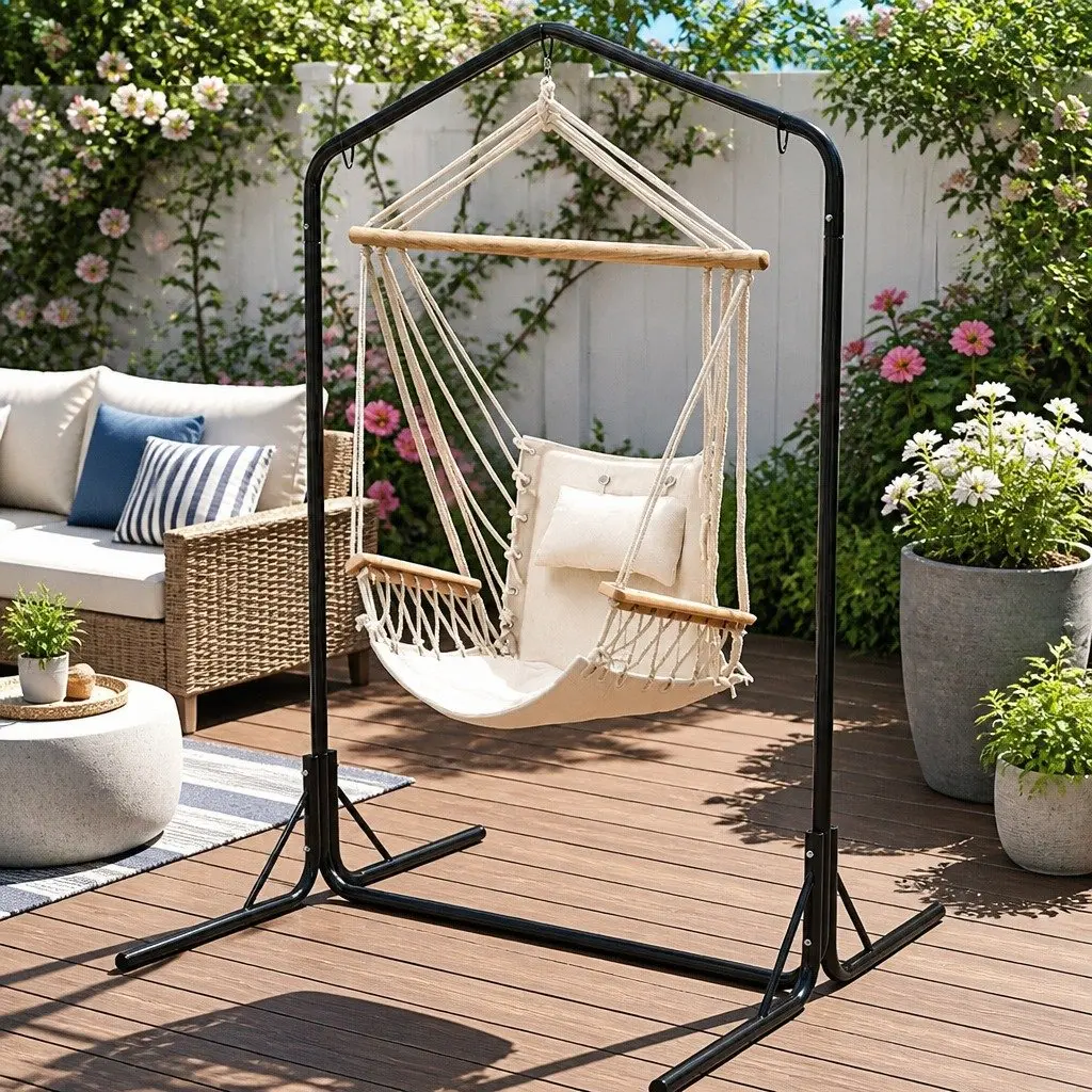 Hammock Chair with Stand Cream Durable Polyester Cotton Blend Padded Seat 360° Rotation Outdoor Indoor Use