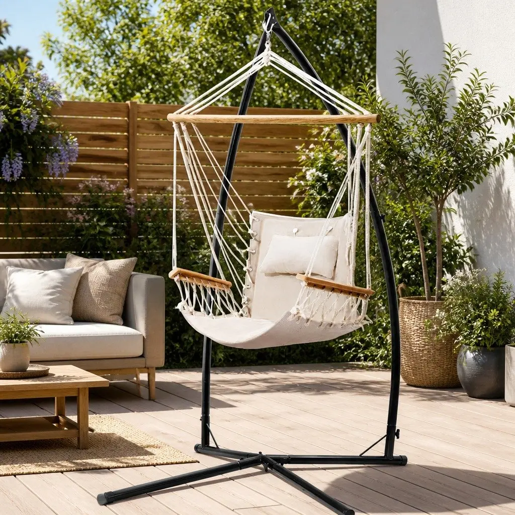 Hammock Chair with Steel Stand Cream Padded Seat Indoor Outdoor Relaxation