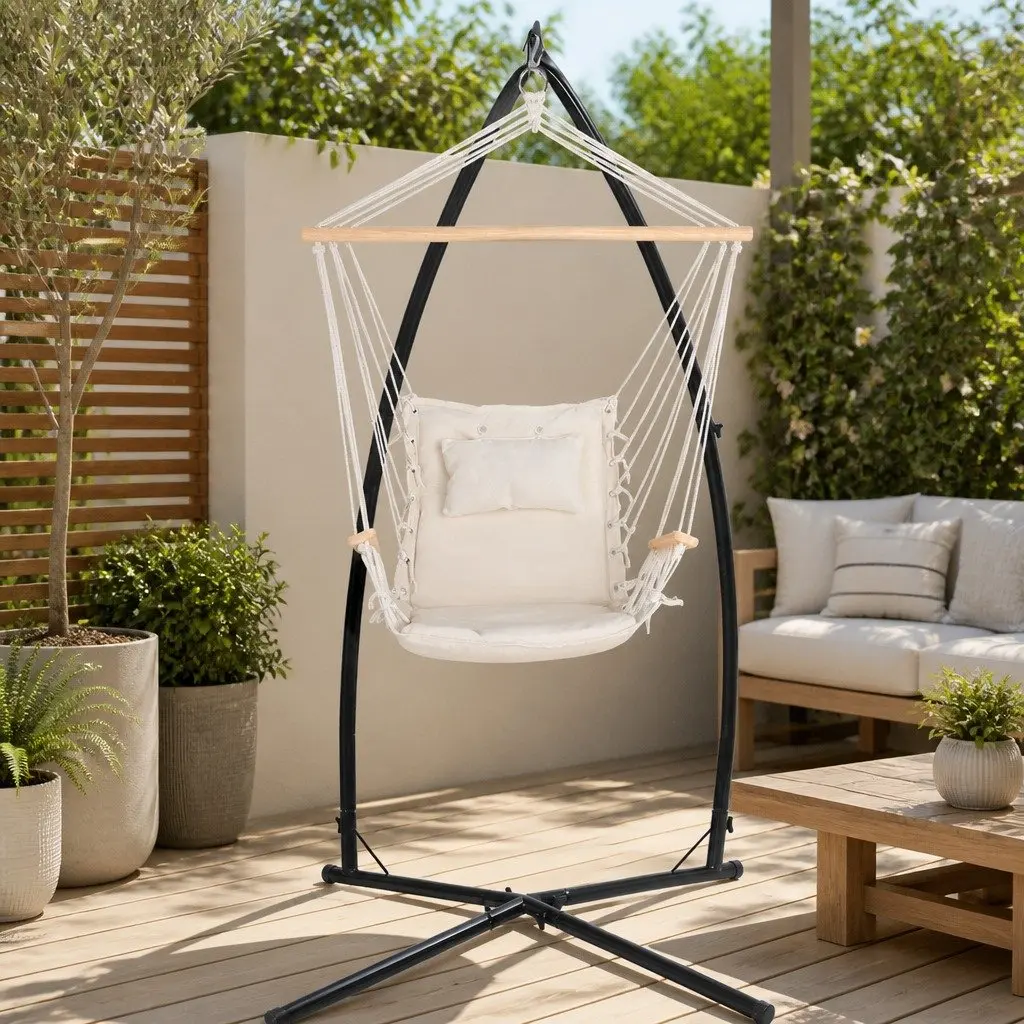 Hammock Chair with Steel Stand Cream Padded Seat Indoor Outdoor Relaxation