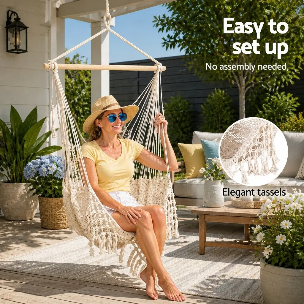 Hammock Chair Portable Lightweight Cotton Blend Indoor Outdoor No Assembly