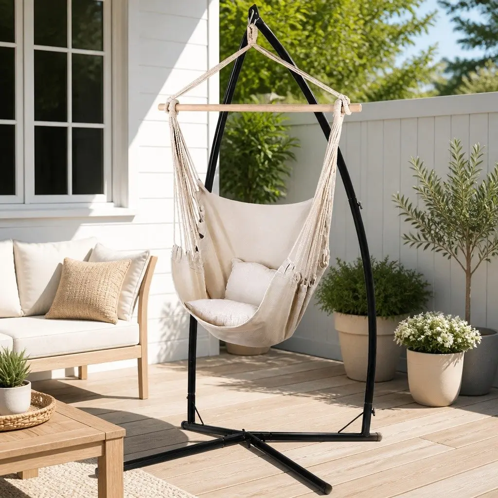 Hammock Chair Outdoor Cream Durable Polyester Cotton Blend with Steel Stand