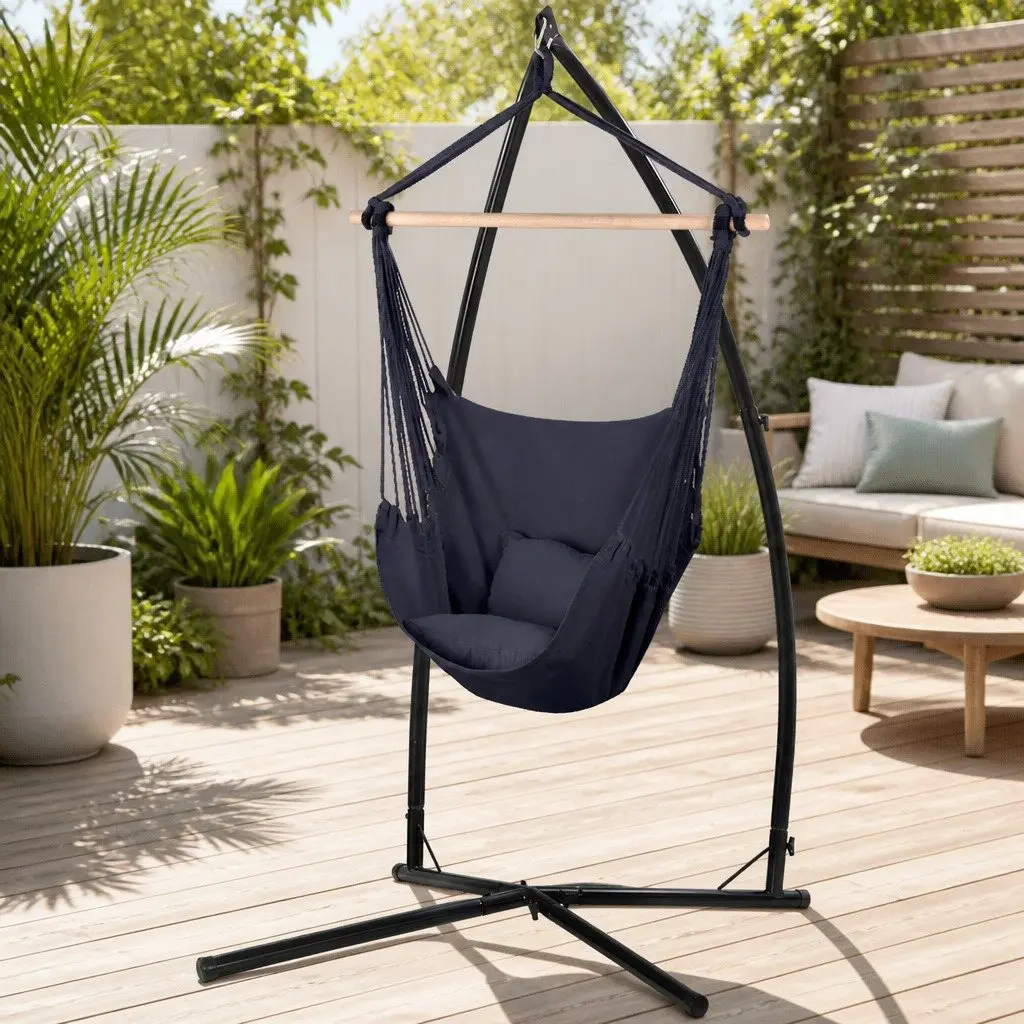 Hammock Chair Outdoor Hanging Swing with Steel Stand Frame Grey 360 Degree Rotation