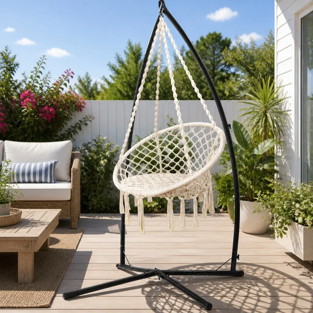 Hammock Chair 60cm Macrame Cream with Steel Stand Outdoor Swinging Relaxation Seat
