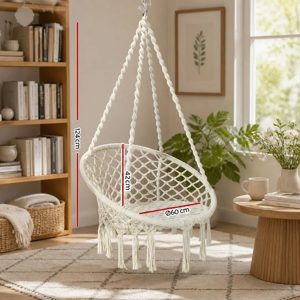 Hammock Chair Indoor Outdoor 60cm Seat Diameter Handcrafted Macrame Cotton Cream