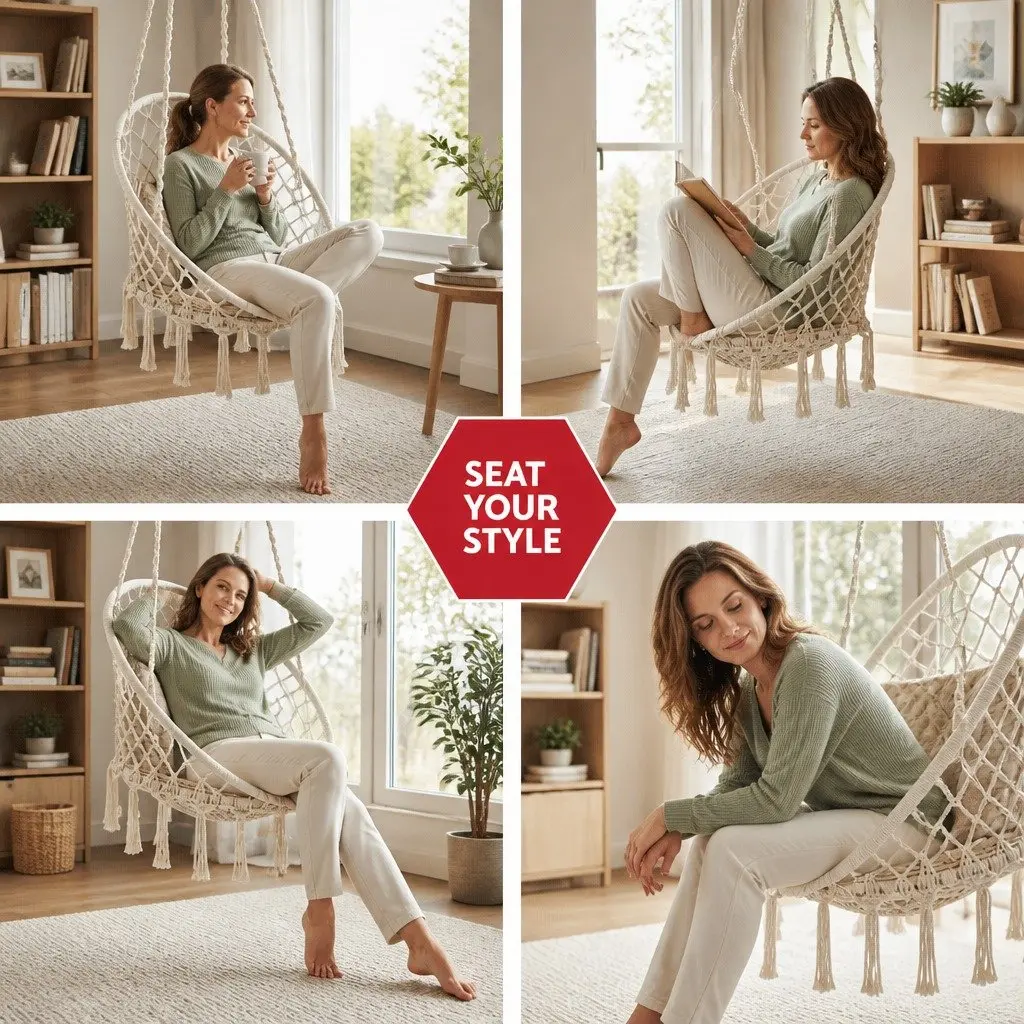 Hammock Chair Indoor Outdoor 60cm Seat Diameter Handcrafted Macrame Cotton Cream