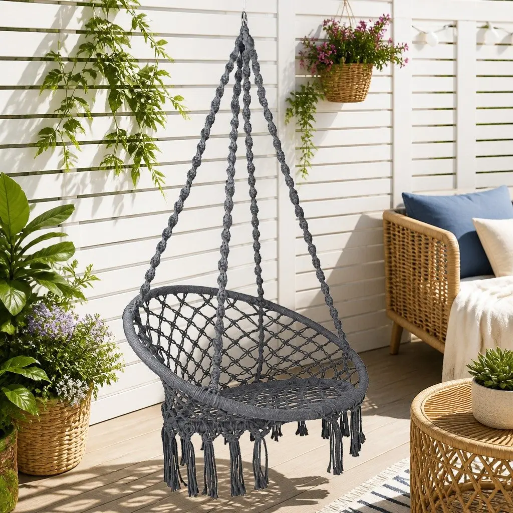 Hammock Chair Indoor Outdoor 60cm Diameter Macrame Cotton Grey Relaxation Swing