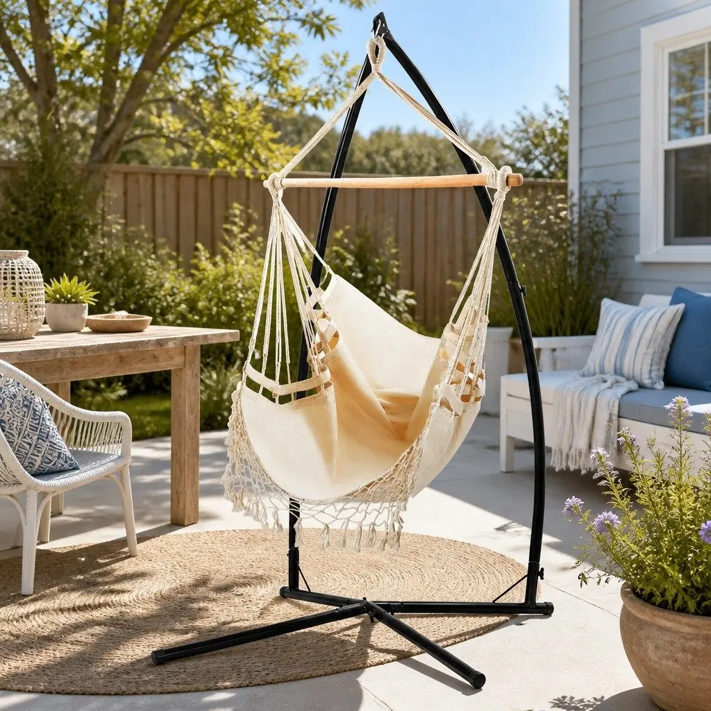 Hammock Chair with Steel Stand 150 x 90cm Cream Tassel Indoor Outdoor Relaxation