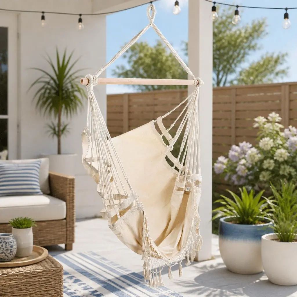 Hammock Chair 150 x 90cm Durable Polyester Cotton Blend Cream Outdoor Swing