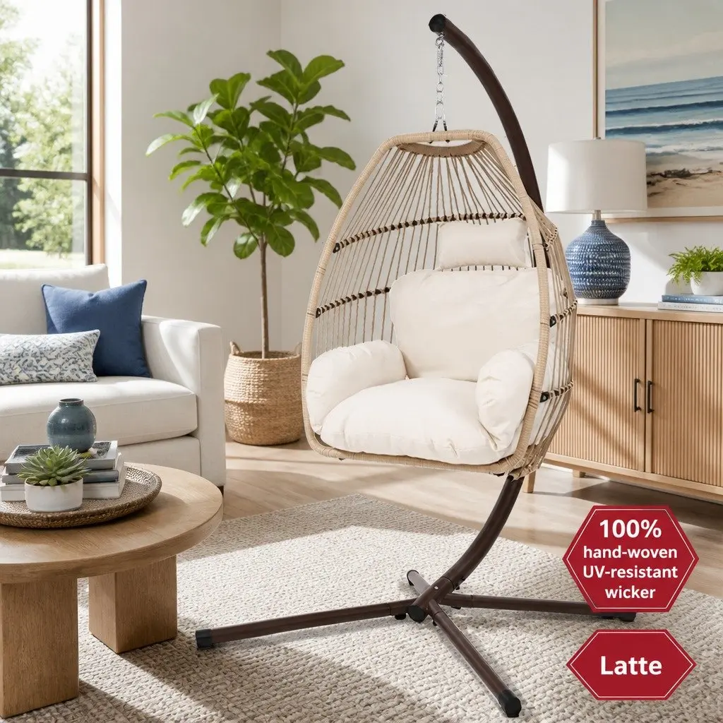 Hanging Egg Chair Pod Swing 360° Rotating Wicker Rope Stand Outdoor Garden Patio